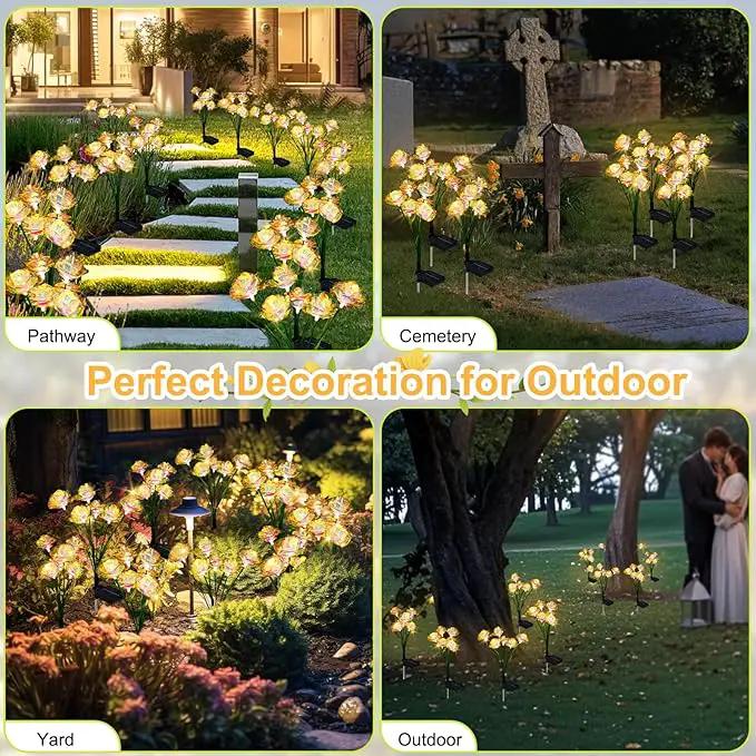 Solar Garden Lights Outdoor, 4 Pack 24-Head Artificial Flowers Solar Lights, IP65 Waterproof Garden Decoration for Yard Patio Path Cemetery Grave, Gifts for Mom Women Bithday Mother's Day-Auto ON/Off by GreenHaven Gardens