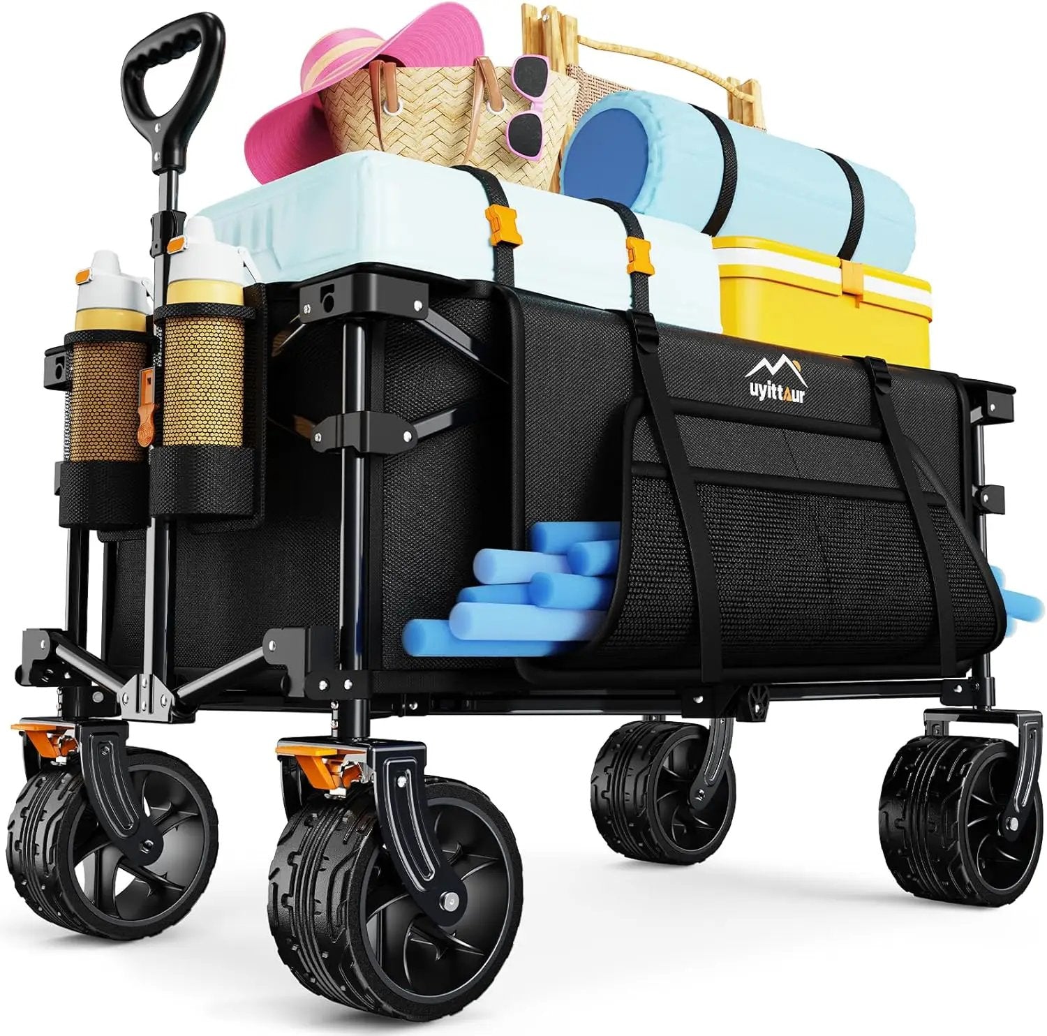 Collapsible Wagon Cart Heavy Duty Foldable, Folding Beach Wagon with Big Wheels for Sand, Utility Grocery Cart with Side Pocket and Brakes for Camping Sports Outdoor Activities, Black by GreenHaven Gardens