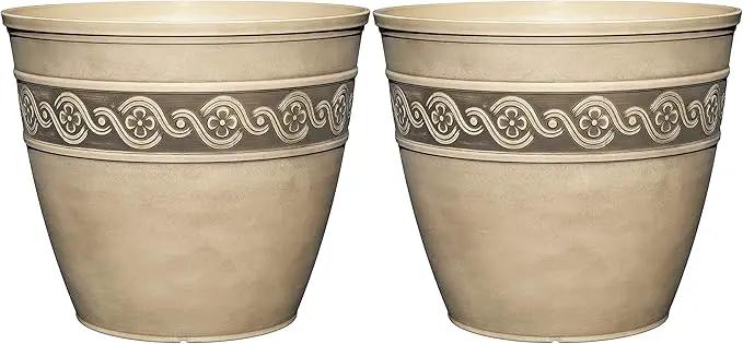 Classic Home and Garden Indoor/Outdoor Round Corinthian Resin Flower Pot Planter, Concrete Grey, 10" (Pack of 2) by GreenHaven Gardens