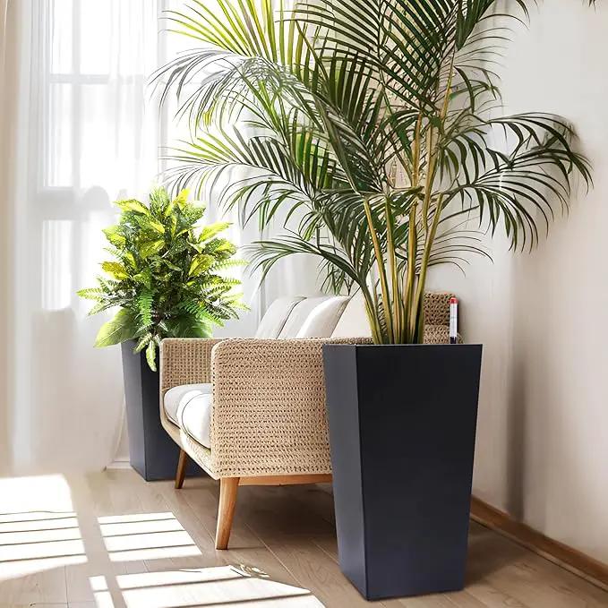 22.5" Tall Planters Set of 2, Outdoor＆Indoor Black Planter Pots, High Front Porch Planter Pots with Drainage Holes＆Water Level Monitor＆Inner Bucket, Automatic Watering, Black by GreenHaven Gardens