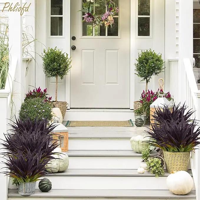 32 Pcs Artificial Grass Fake Grass Plants 17.3in Outdoor Plants UV Resistant Faux Greenery Stems for Home Window Garden Office Patio Pathway Front Porch Halloween Décor Light Green & Purple by GreenHaven Gardens