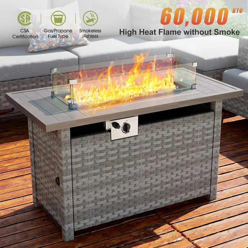 44" Fire Pit Table with Wind Guard for Outdoor, Auto-Ignition Propane Gas Firepits Rattan Rectangular Table for Outside Patio 60,000 BTU, Gray by GreenHaven Gardens