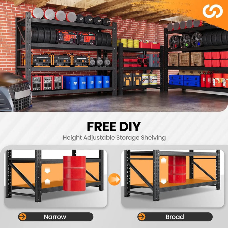 Set of 2 Storage Shelves, 4 Tier Heavy Duty Garage Shelving Units, 48” Wide Rack Shelf, 3000LBS Steel Industrial Shelving, 24” Deep Adjustable Standing Shelf for Warehouse 24" D x 48" W x 70" H Black by GreenHaven Gardens