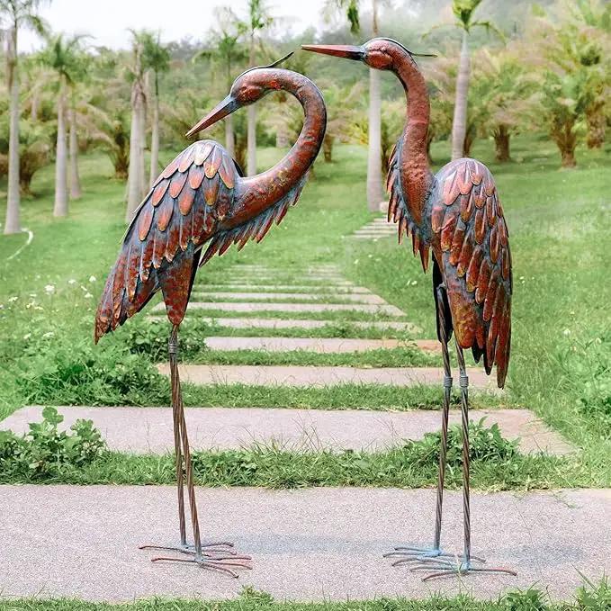 Kircust Metal Crane Statues - Set of 2 Bronze Heron Sculptures for Garden, Patio, or Yard Decor - 27.56" Tall Weatherproof Outdoor Art by GreenHaven Gardens