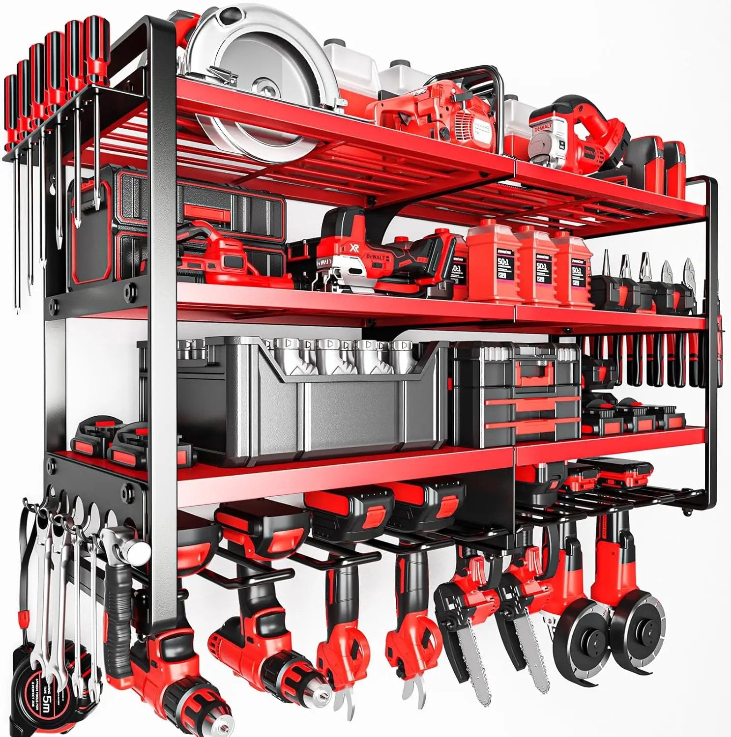 Upgrade Large power tool organizer Wall Mount,4 Layers Heavy Duty Metal Loads 400lbs Power Tool Hanger Shelf Battery Storage with 8 Cordless Drill Bit Holder,Utility Racks for Garage Tool Room by GreenHaven Gardens