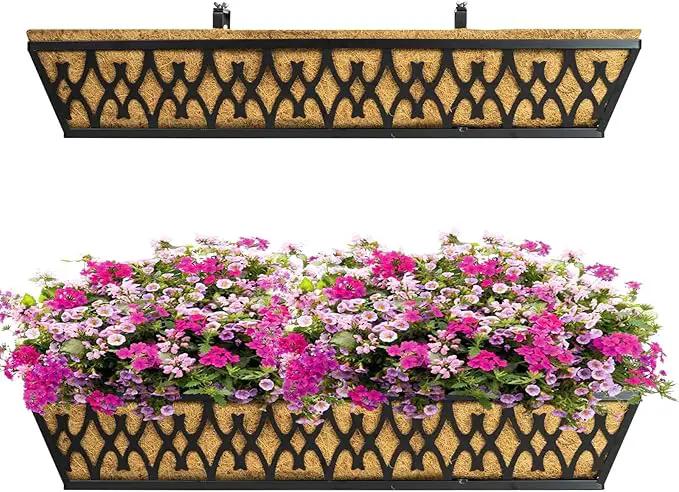 2 Pack 30 Inch Window Boxes Planters Railing Planter Box with Adjustable Brackets for Porch Fence Patio Balcony Hanging Flower Baskets with Coco Liners for Outdoor Garden Decor - Black by GreenHaven Gardens