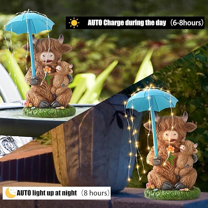 Solar Garden Statues Resin Loving Highland Cow Umbrella Lights Outdoor Decor Gifts for Yard, Patio Decorations by GreenHaven Gardens