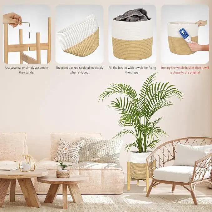 PAULINN Plant Basket with Stand 11" x 11", Woven Basket with Bamboo Plant Stand, for Indoor Plant, Fits Up to 10 Inch Plant Pots, White and Beige by GreenHaven Gardens