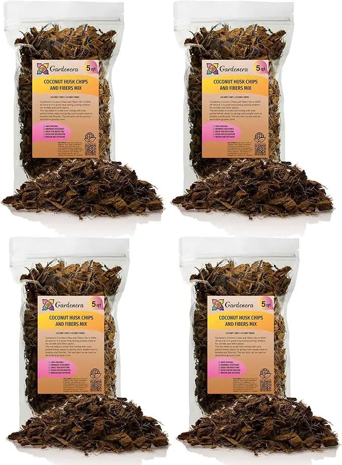 Premium Coconut Husk Chips and Fibers Mix for Orchids - 20 Quart - Houseplant, Monstera and Fiddle Leaf Fig by GARDENERA (4 Bags of 5 Quart) by GreenHaven Gardens