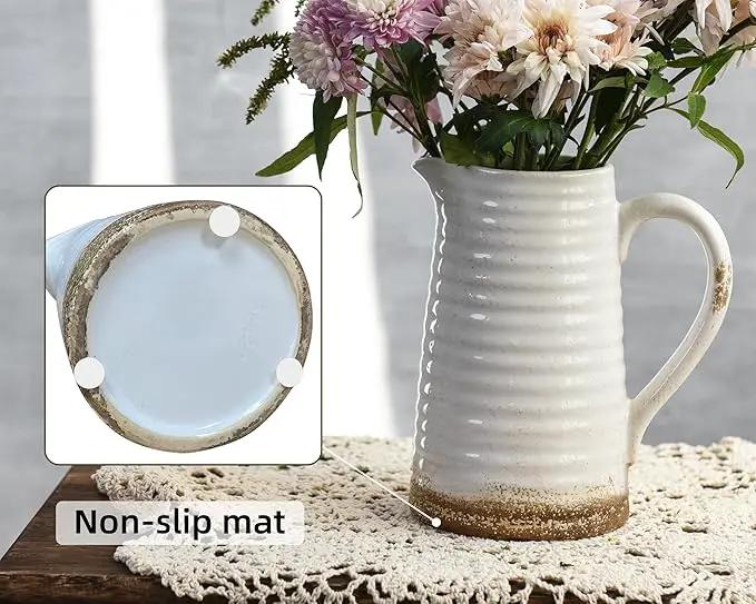 Quoowiit Ceramic Rustic Vase with Handle, White Distressed Decorative Farmhouse Pitcher Vase for Home Decor Living Room Bedroom Kitchen Office Shelf Decor Centerpiece Table Decoration by GreenHaven Gardens