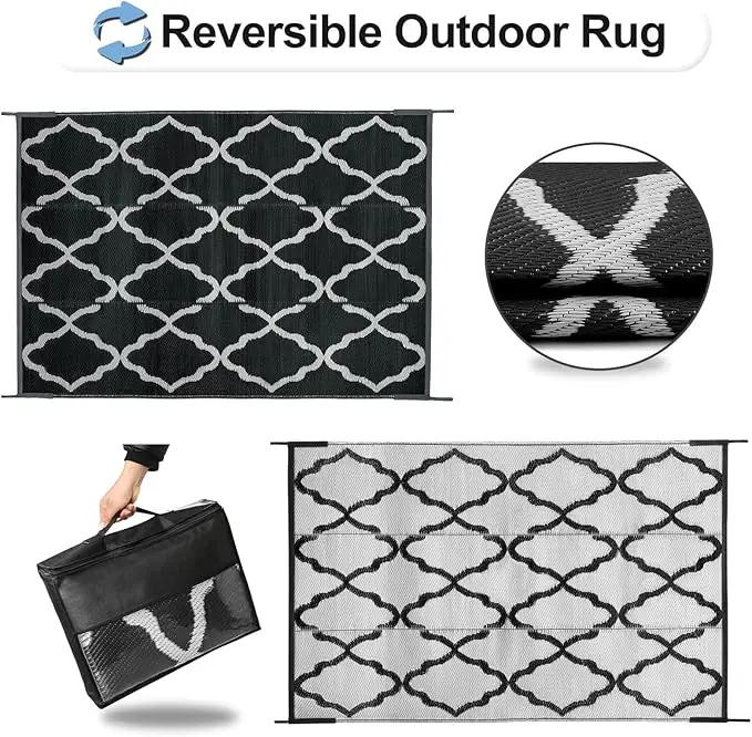 OutdoorLines Outdoor Plastic Area Rugs for Patio 6x9 ft - Reversible Outside Carpet, Stain & UV Resistant RV Mats, Straw Rug for Camping, Deck Garden, Porch and Balcony, Moroccan Black & Light Grey by GreenHaven Gardens
