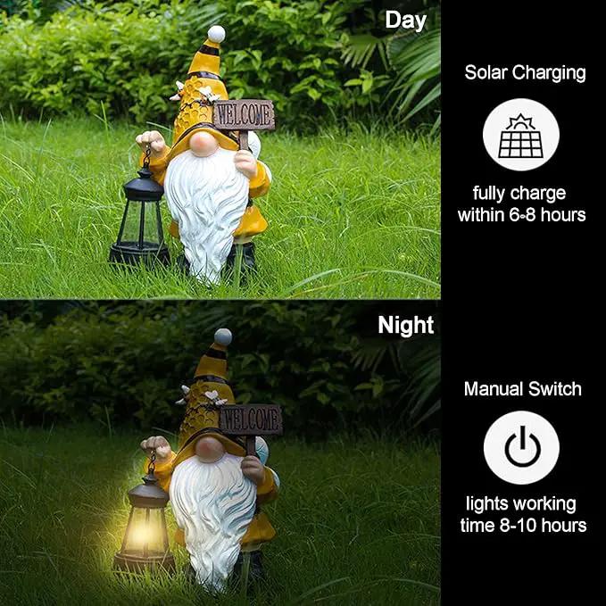 Gnome Garden Statues with Solar Lights Outdoor Gnomes Sculpture Yard Patio Decor for Lawn Ornaments Gardening Gifts（Bee Gnome by GreenHaven Gardens