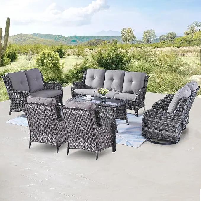 Outdoor Wicker Furniture Patio Set - 7 Piece Backyard Furniture Grey Rattan Conversation Sets with Swivel Rocker Chairs, Rattan Sofa, Club Chairs and Coffee Table, Grey Cushion by GreenHaven Gardens