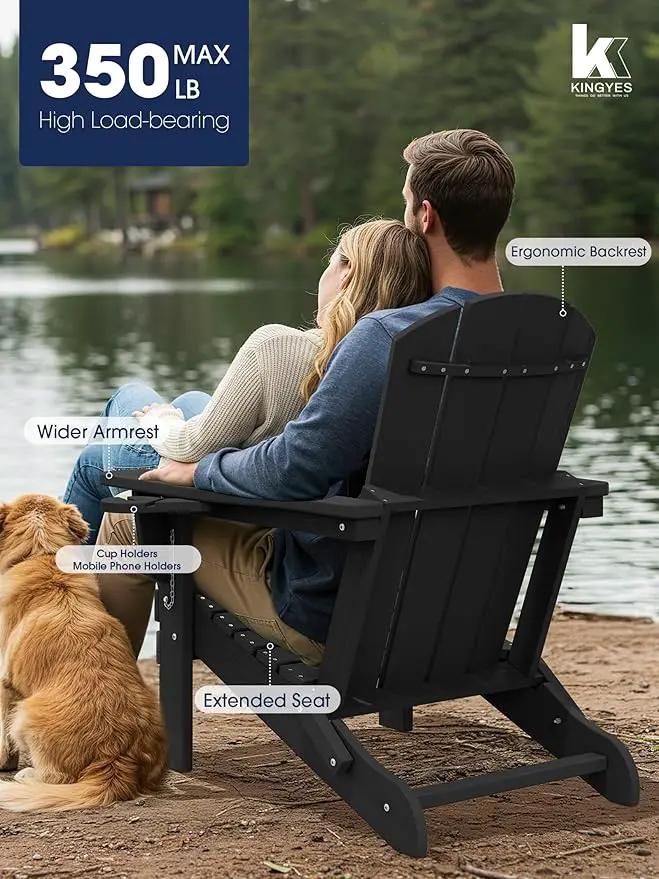 KINGYES Folding Adirondack Chair Set of 6, Dual Cup Holders & All-Weather HDPE, Wood-Like Patio Chair for Backyard, Camping, Pool & Fire Pit, Black by GreenHaven Gardens