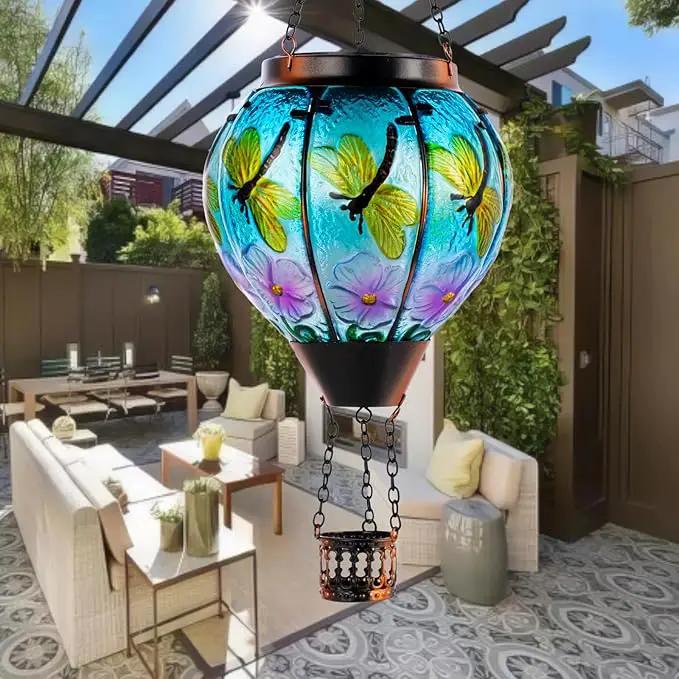 2 Pack Dragonfly Hot Air Balloon Solar Lantern Outdoor Waterproof, Glass Balloon Lanterns for Outside, Decorative Hanging Solar Lights Patio Garden Yard Gift for Women Moms by GreenHaven Gardens