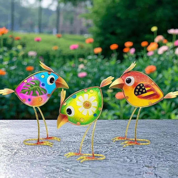 Birds Garden Decor for Outside: Metal & Glass Bird Yard Art, Craft Statue Lawn Ornaments for Outdoor, Housewarming Birthday Gifts for Women (3 PCS) by GreenHaven Gardens