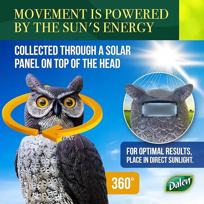 Dalen SOL-R Action Solar Fake Owl Decoy to Scare Birds Away from Gardens, Rooftops, and Patios - Safe and Humane, 18" 360º Rotating Head by GreenHaven Gardens