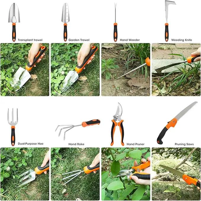 Gartden Tools, 10 Pcs Stainless Steel Garden Tools for Gardening with Non-Slip Ergonomic Handle, Garden Hand Tools with Tote Bag for Women, Men, Gift by GreenHaven Gardens