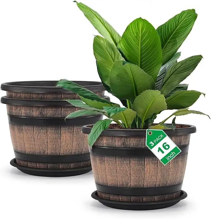 Quarut Large Plastic 3 Pack16 inch Plant Pots,Whiskey Barrel Planters with Drainage Holes & Saucer.Flower Pots Imitation Wine Barrel Design for Indoor & Outdoor Garden Balcony Plants.7 Gallons(Brown) by GreenHaven Gardens