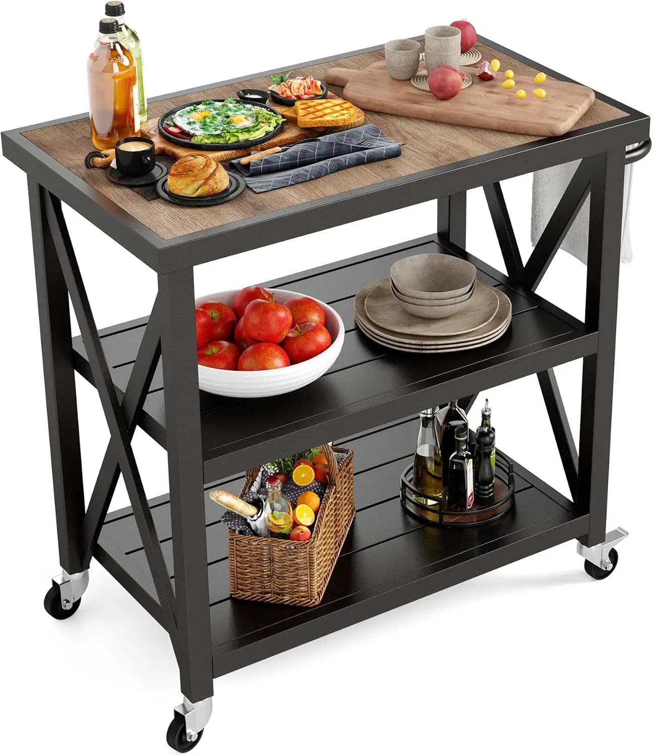 PHI VILLA Outdoor Grill Table, Elegant Grill Cart with Ceramic Wood Grain Table Top, Serving Cart with Shelves, Patio Grilling Backyard BBQ Grill Cart, Black by GreenHaven Gardens