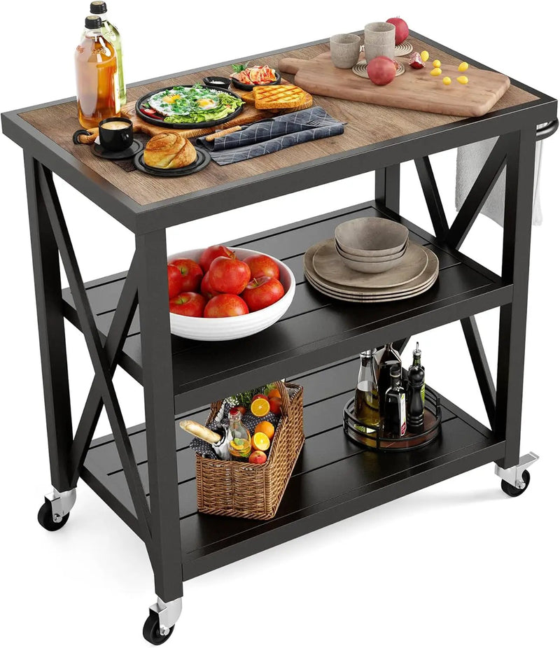 PHI VILLA Outdoor Grill Table, Elegant Grill Cart with Ceramic Wood Grain Table Top, Serving Cart with Shelves, Patio Grilling Backyard BBQ Grill Cart, Black by GreenHaven Gardens