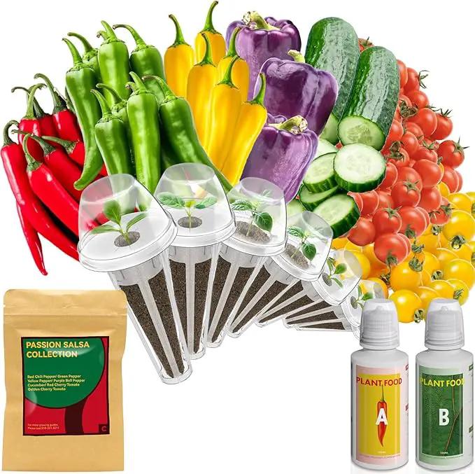 Salsa Garden Seed Pod Kit for AeroGarden, iDoo, Ahopegarden Hydroponic System, 400+ Seeds Includes Red Chili, Green, Yellow, and Purple Bell Pepper, Cucumber, Red/Golden Cherry Tomato (7-Pod) by GreenHaven Gardens