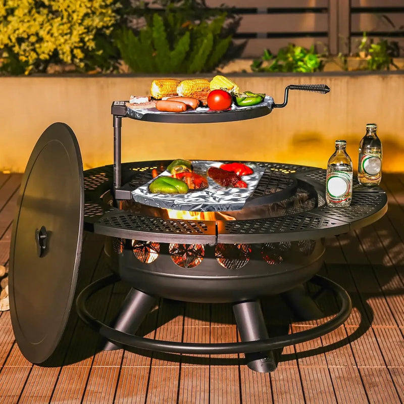 36 Inch Fire Pit with 2 Cooking Grills,Outdoor Wood Burning BBQ Firepit with Lid, 3-in-1 Outdoor Fire Pit for Backyard Deck Bonfire Patio Picnic(Black) by GreenHaven Gardens
