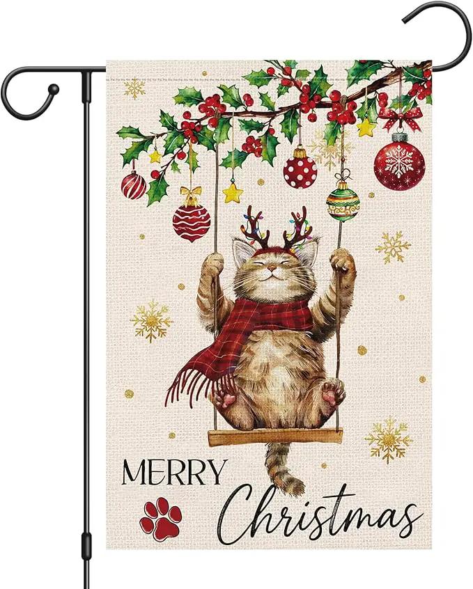 Heyfibro Merry Christmas Cute Cat Swing Garden Flag 12x18 Inch Double Sided Burlap, Retro Christmas Ball Snowflake Yard Banner for Winter Holiday Xmas Seasonal Outdoor Decoration(ONLY FLAG) by GreenHaven Gardens