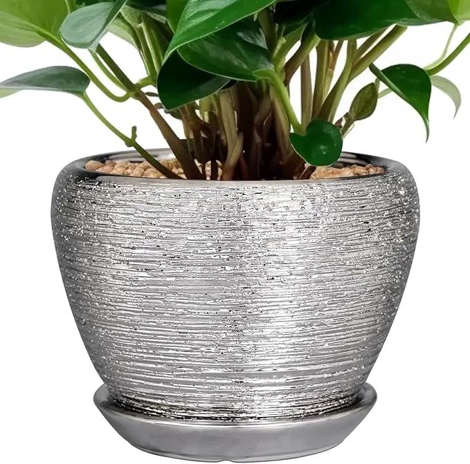 Ceramic Planter - 6 Inch Plant Pot Indoor with Drainage Hole and Saucer Outdoor Pot for Plants Round Decorative Planter Modern Mid-Century Flower Pot for Office Decor Silver by GreenHaven Gardens