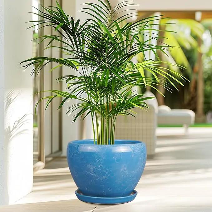 10 Inch Planter Pot - Ceramic Pots for Plants with Drainage Hole and Saucer, Round Large Flower Pot for Indoor Plants, Blue by GreenHaven Gardens