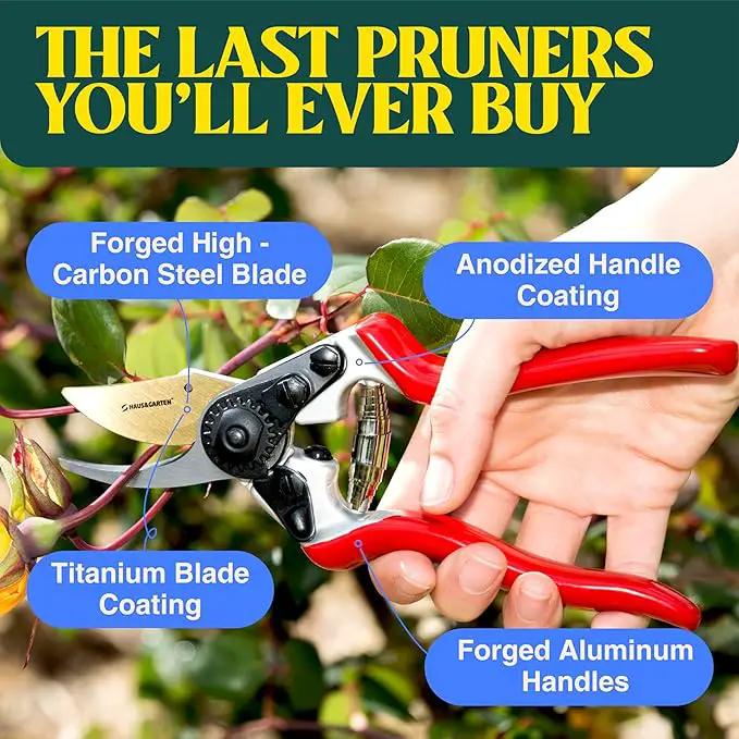 Haus & Garten PrecisionPRO 8" Titanium Pruning Shears - Heavy Duty Professional Bypass Pruner - Use As Rose Clippers, Premium Gardening Secateurs, Garden Scissors, Handheld Yard, Tree, & Plant Tool by GreenHaven Gardens