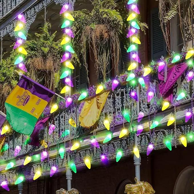 Solar Mardi Gras Lights, Yellow Green Purple Decor Lights, 100 LEDs 8 Modes Waterproof Solar Outdoor C6 Strawberry Garden Lights for Mardi Gras, Camping, Holiday, Arbor, Fence, Balcony Decorations by GreenHaven Gardens