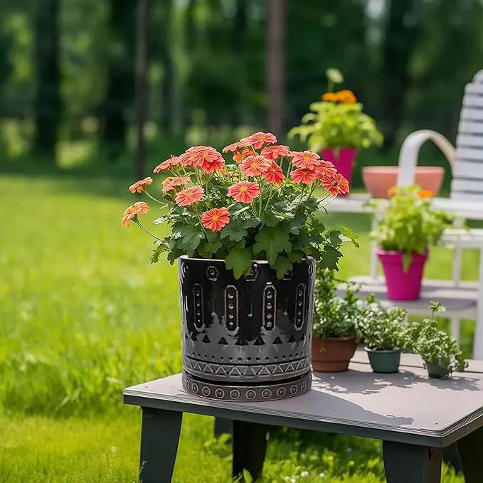 Ceramic Planter for Indoor Plants - 10 Inch Plant Pots with Drainage Hole and Saucer, Round Decorative Flower Pots Outdoor, Boho Large Planter, Room Decor, House Warming Gifts, Black by GreenHaven Gardens