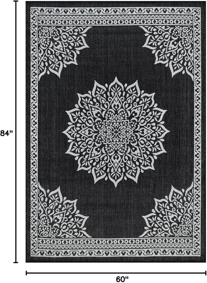 CAMILSON Outdoor Rug, 5x7 Medallion Black White Modern Area Rugs for Indoor and Outdoor Patios, Kitchen and Hallway Mats, Washable Porch Deck Outside Carpet (Medallion Black, 5 x 7) by GreenHaven Gardens