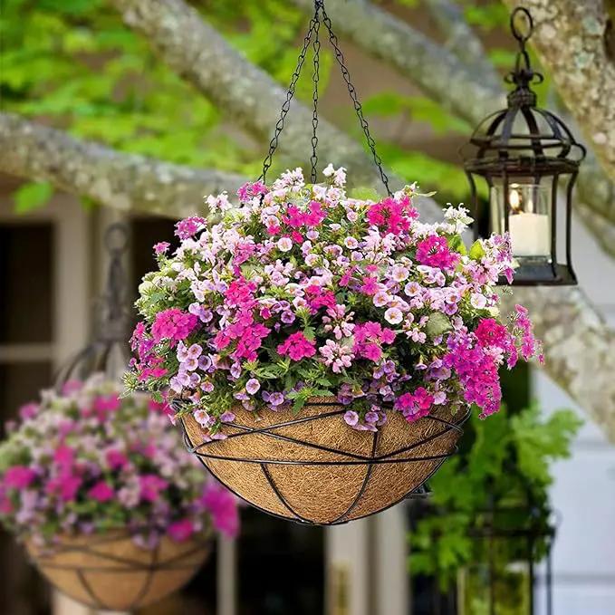 2 Pack 14 Inch Hanging Flower Baskets for Outdoor Plants Large Metal Wire Planters with Coco Liner Pot for Home Planting Round Watering Plant Holders for Outside Garden by GreenHaven Gardens
