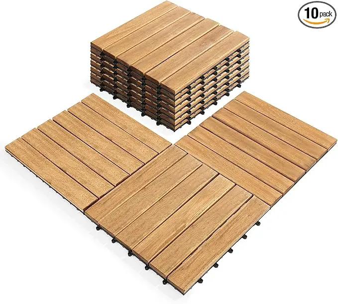 Pack of 10 Deck Tiles - 12"x12" Interlocking Natural Solid Acacia Wood for Outdoor & Indoor, Patio Garden, Balcony, Poolside - Natural6 Color by GreenHaven Gardens