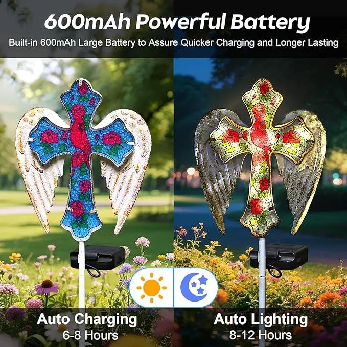 Solar Cross Garden Lights, Solar Cardinal Stake Lights Cemetery Decorations for Grave, Jesus Cross Sympathy Memorial Gifts for Mother Grandma, Glass Garden Art for Yard Lawn Patio Decor by GreenHaven Gardens