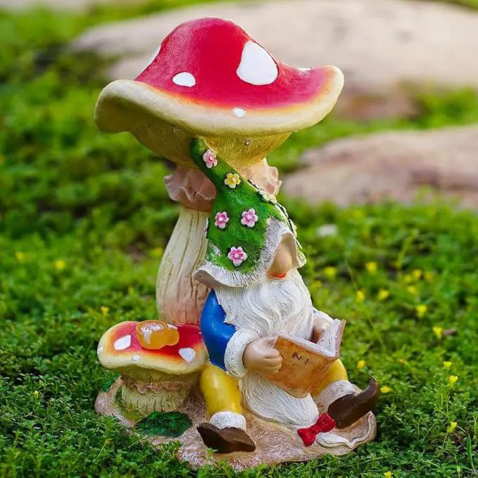 Upgraded Size Solar Garden Outdoor Statues Gnome Reading Under Mushroom with 5 LED Solar Figurine for Lawn,Patio,Balcony,Yard Decor Unique Housewarming Gift for Grandfather, Father,Grandma,Wen by GreenHaven Gardens