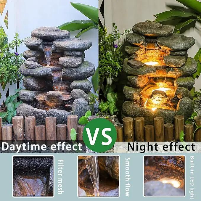4-Tier Rock Water Fountain Outdoor Waterfall Garden Decor, 23.4" Cascading Waterfall With LED Lights for Patio, Lawn, Backyard, and Home, Faux Stone Design by GreenHaven Gardens