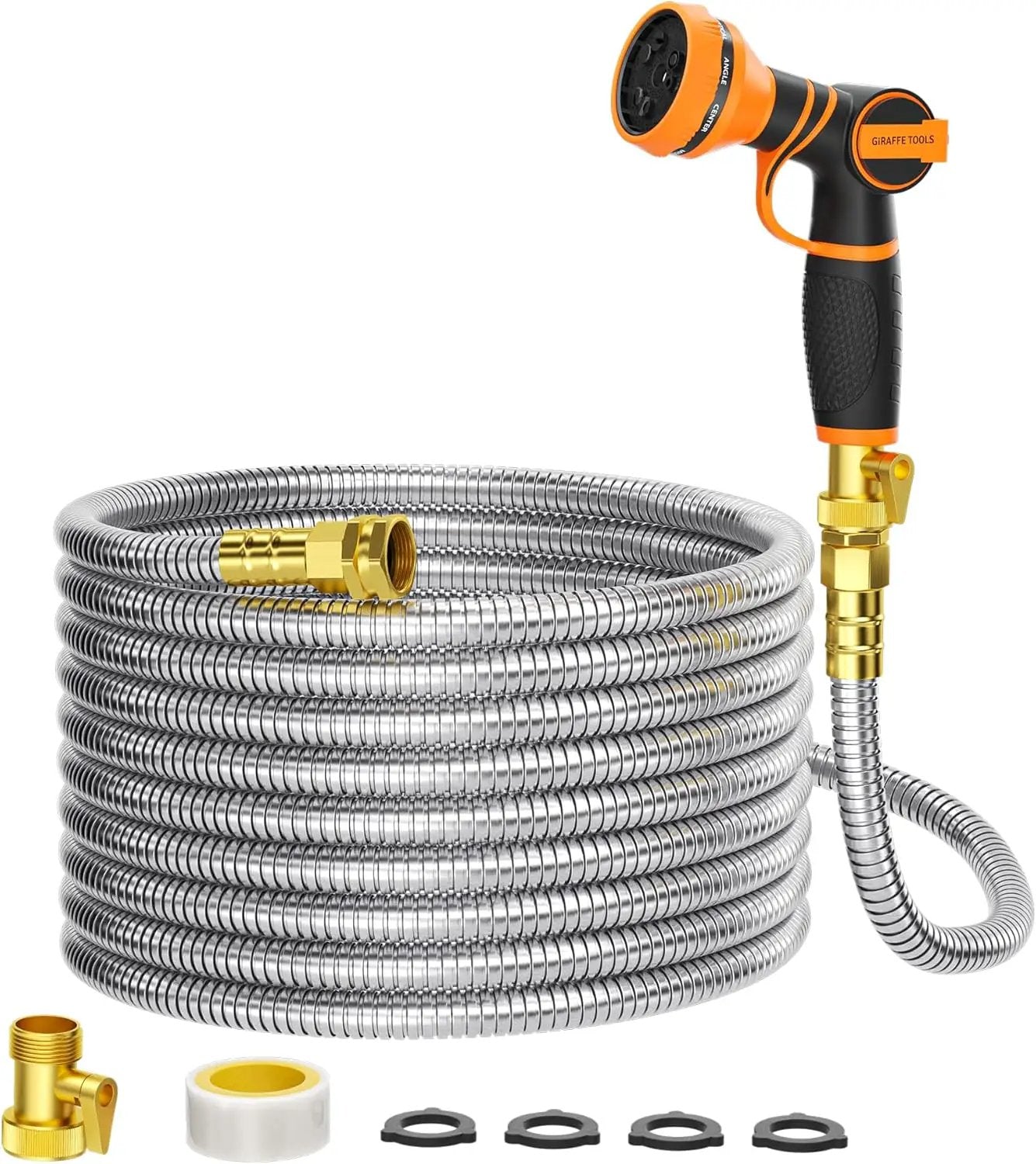 Girafe Tools Garden Hose 75ft x 5/8", 304 Stainless Steel Metal Water Hose, No Kink Garden Water Hose with 9 Pattern Spray Nozzle, Flexible, Lightweight, Kink Free Hose for Yard, Outdoor by GreenHaven Gardens