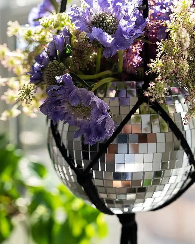 Hanging Disco Ball Planter 8" - with Acrylic Stand and Macrame Plant Hanger - Home Décor, Room Décor, Mirror Disco Planter, Disco Decor (6" with Black Hanger, Flat Base) by GreenHaven Gardens