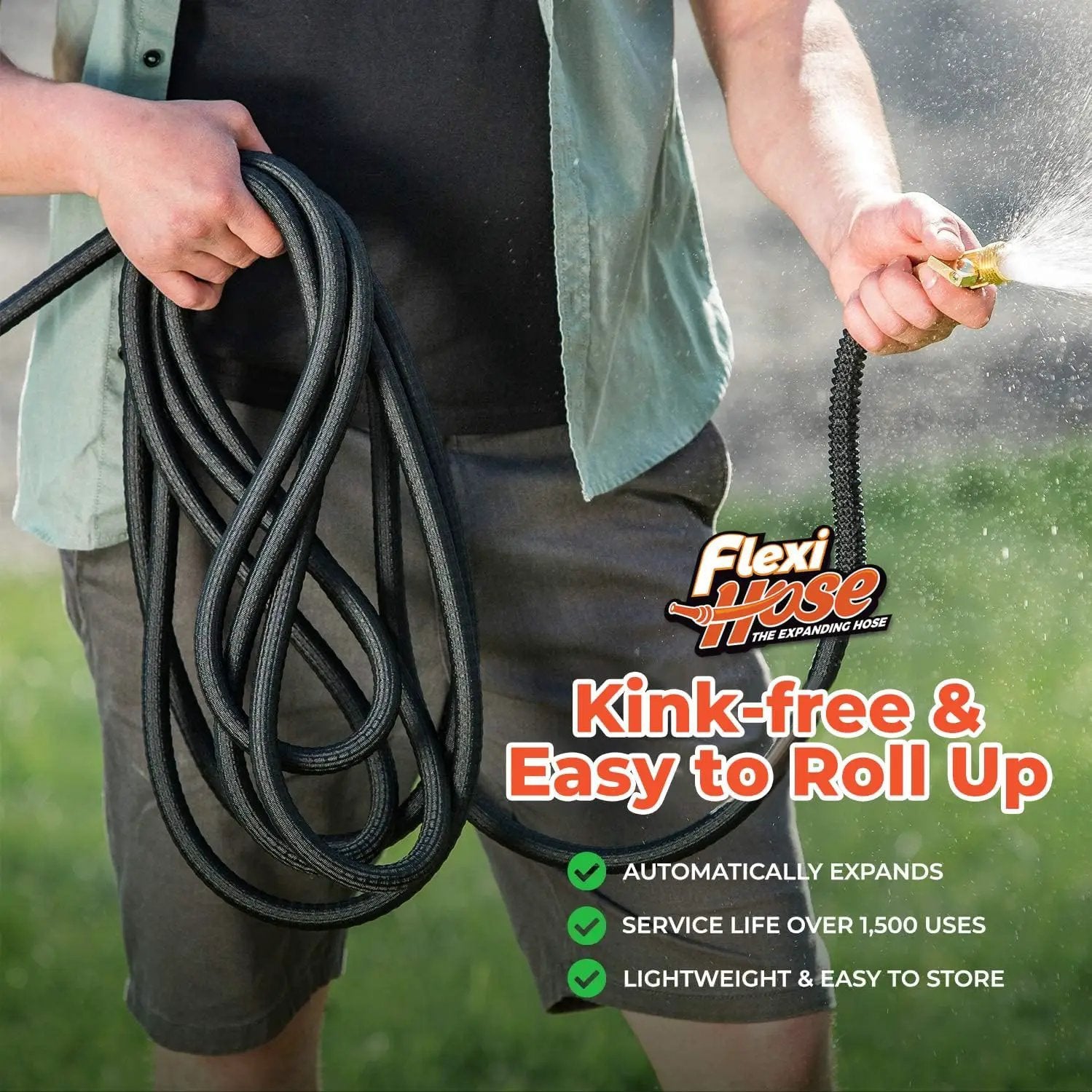 Flexi Hose Lightweight Expandable Garden Hose, No-Kink Flexibility, 3/4 Inch Solid Brass Fittings and Double Latex Core (75 FT, Black) by GreenHaven Gardens