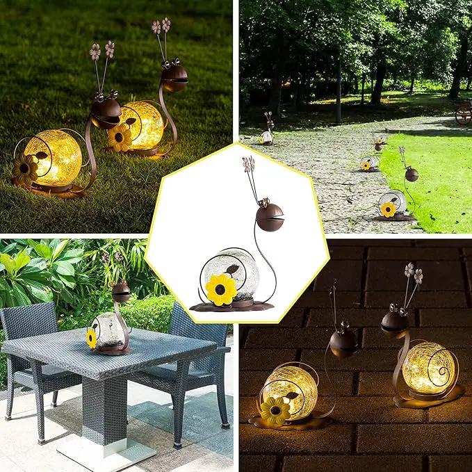 Solar Snail Garden Lights - 2 Pack Cracked Glass, Warm White Metal, Waterproof for Patio Yard Lawn by GreenHaven Gardens