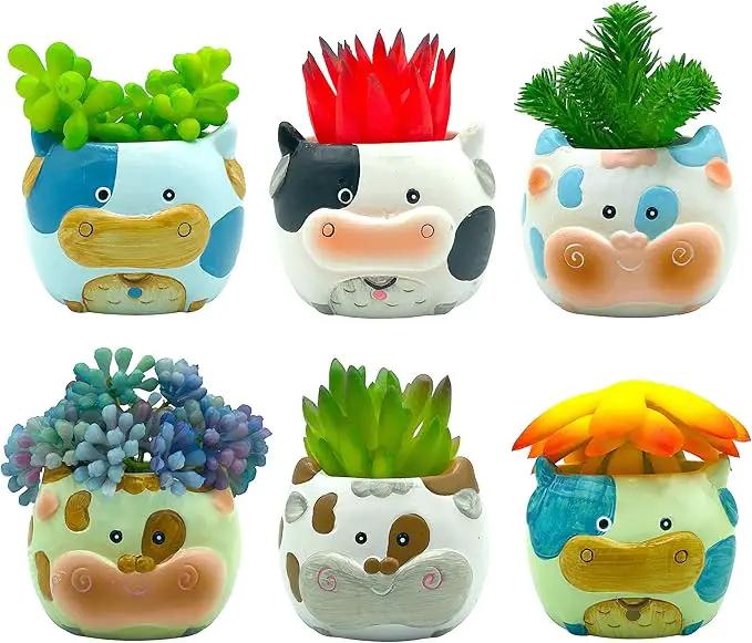 Cow Planter Pots for Small & Succulent Sized Plants, Decorative Indoor & Outdoor Garden Backyard Flower Ceramic Pot Planter Holder, Set of 6, 2.7 in by GreenHaven Gardens