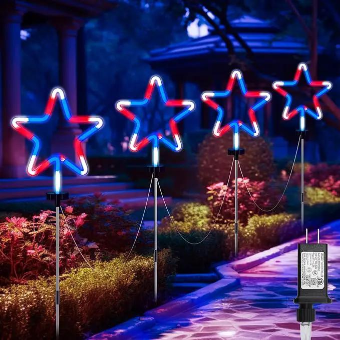 4th of July Decorations Outdoor Red White and Blue Lights, 4 Big Neon Star Pathway Lights Plug in for Independence Day Memorial Day Patriotic Decor Outside Garden Yard Lawn by GreenHaven Gardens