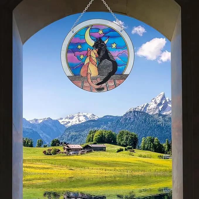 Cat Sun Catcher Stained Glass, 6 * 6inches Suncatcher for Window, Cat and Dog Patterns Sun Catcher Glass,Cat Mom Gifts by GreenHaven Gardens