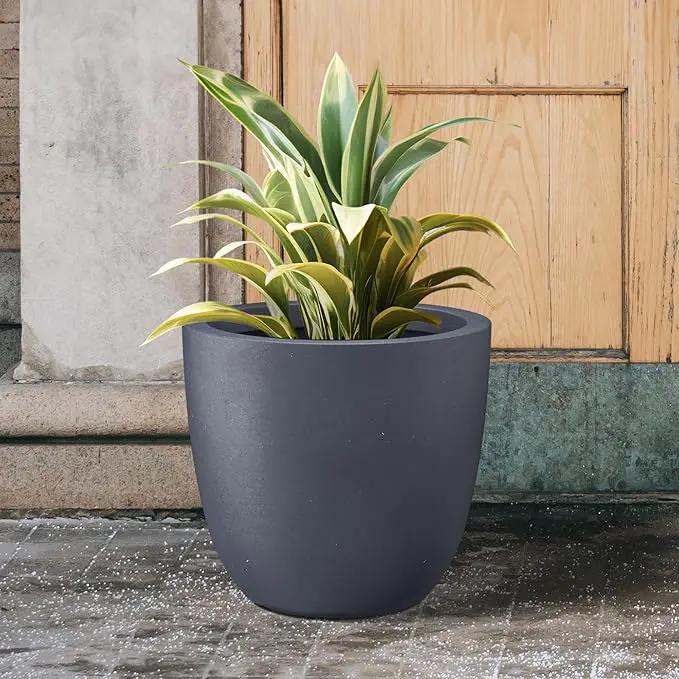 Kante 18 Inch Dia Round Concrete Planter, Indoor Outdoor Large Plant Pot with Drainage Hole and Rubber Plug for Home Patio Garden, Charcoal by GreenHaven Gardens