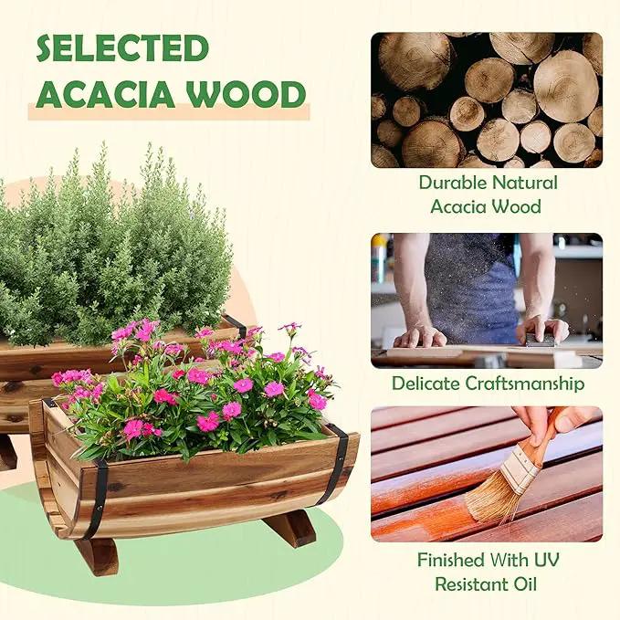 IDZO Solid Acacia Wood Half Barrel Planters Outdoor Set of 2 Different Sizes, Wooden Planters for Outdoor Plants with Metal Bands & Drainage Holes, Legs Included, Natural by GreenHaven Gardens