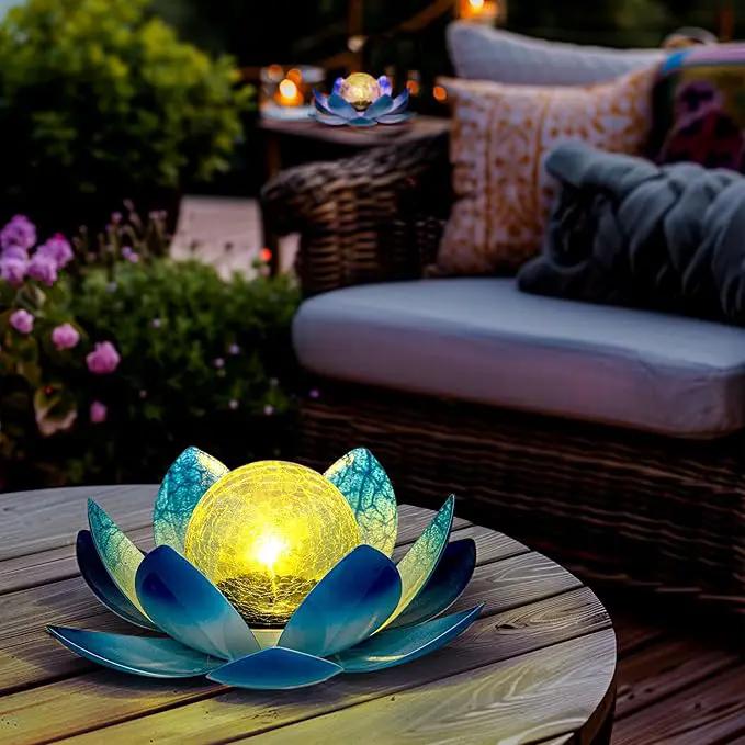 GIGALUMI Solar Light Outdoor Garden Decor, Lotus Flower Light Crackle Globe Glass Lantern Outdoor Table Decor Waterproof for Patio, Lawn, Pathway, Pool, Pond, Christmas Gift (Blue Petal) by GreenHaven Gardens