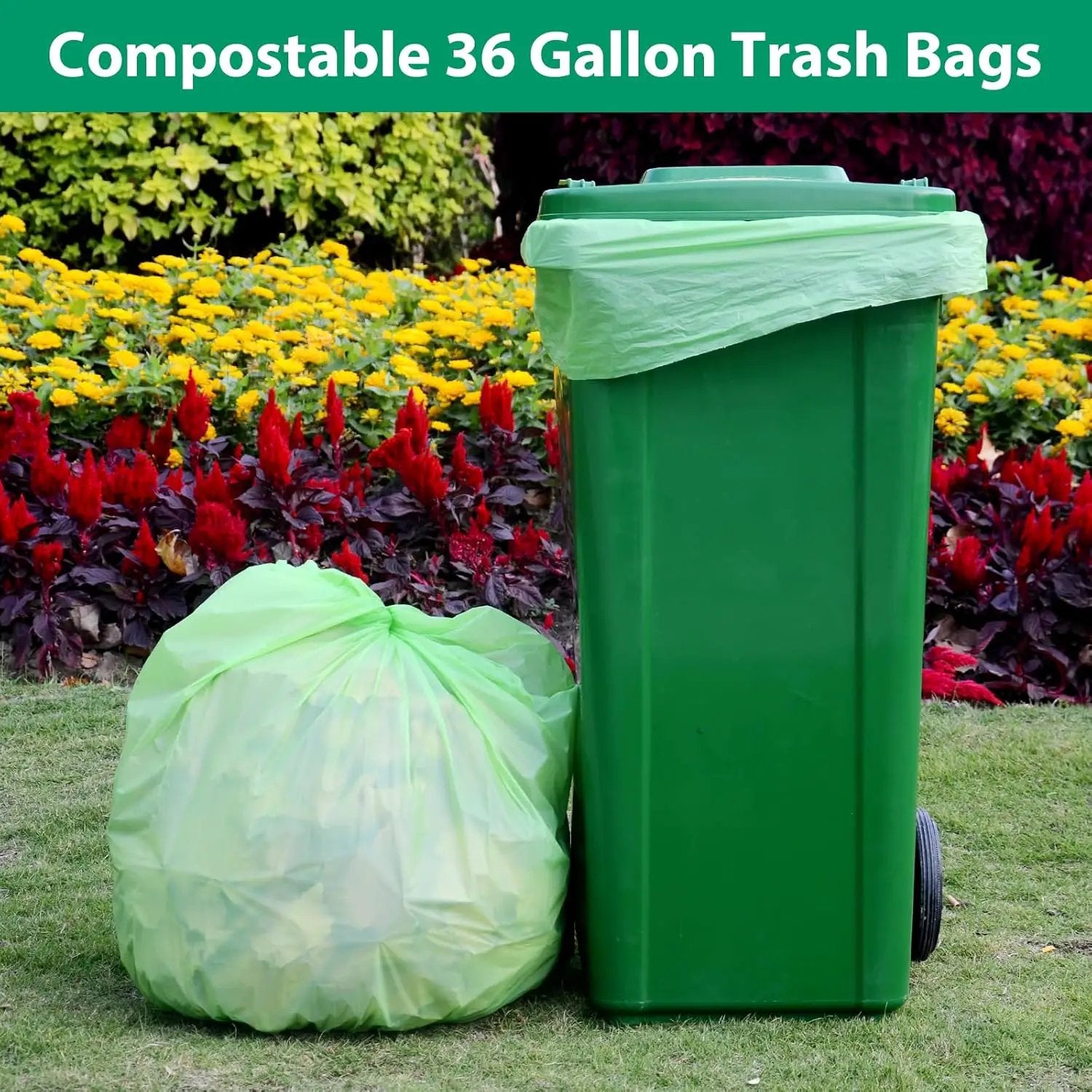 Compostable 36 gallon Trash Bags, Extra Thick 1.28 Mills, Compost 36 Gal Trash Bags (Kitchen Tall Garbage Bags), Compostable Lawn & Leaf Yard Waste bags,ASTM D6400,Bpi Certified by GreenHaven Gardens